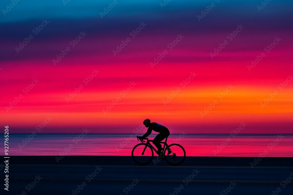 Fototapeta premium Silhouette of a Cyclist Against a Vibrant Sunset Sky