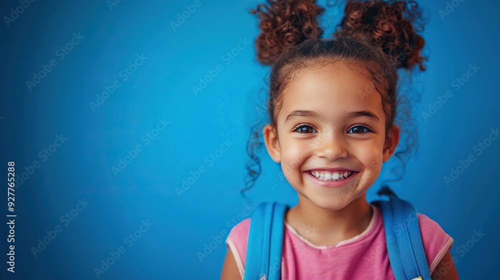 Close-up of a cheerful young girl smiling at the camera. She has a backpack on and is wearing colorful, school-appropriate clothing. Solid blue background. Close-up of a cheerful young girl smiling at the camera. She has a backpack on and is wearing colorful, school-appropriate clothing. Solid blue background.