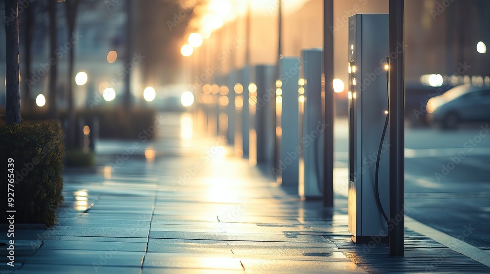 Modern Electric Vehicle Charging Stations Lined Up in a City Street. AI generated image Modern Electric Vehicle Charging Stations Lined Up in a City Street. AI generated image