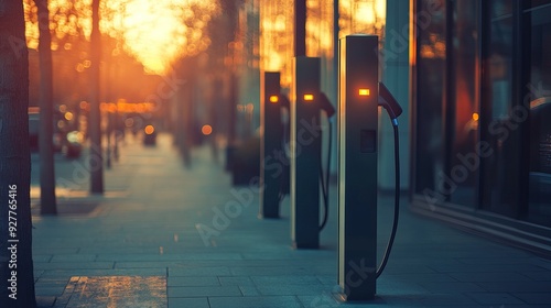 Modern Electric Vehicle Charging Stations Lined Up in a City Street. AI generated image #927765416