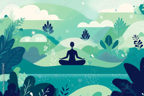 Wallpaper Mural Stylized illustration of a person meditating outdoors in a serene natural setting, surrounded by abstract greenery and peaceful landscapes.

 Torontodigital.ca