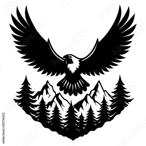 A soaring eagle with outstretched wings, gliding over a mountain vector illustration