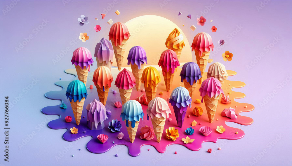 Fototapeta premium A assortment of colorful origami ice cream cones melting on a summer sunset gradient shifting from lavender, to pink, to gold background in a 3D papercraft style. 