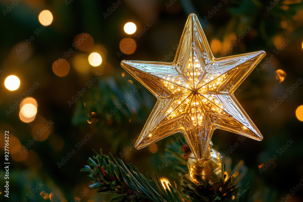 Shining christmas star is decorating a christmas tree with lights in the background Shining christmas star is decorating a christmas tree with lights in the background