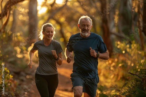 man and woman running in a forest at sunset