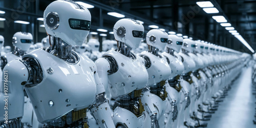 Futuristic scene of rows of identical robots in a high-tech factory, symbolizing advanced robotics, mass production, and automation in technology. 