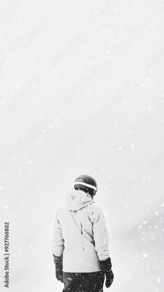 Snowboarder gazing into snowy wilderness during a winter snowstorm Snowboarder gazing into snowy wilderness during a winter snowstorm