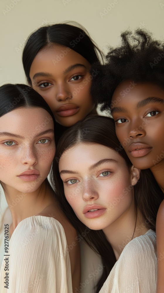 Obraz premium Four women posing together, showcasing diverse beauty and natural makeup in a light studio setting