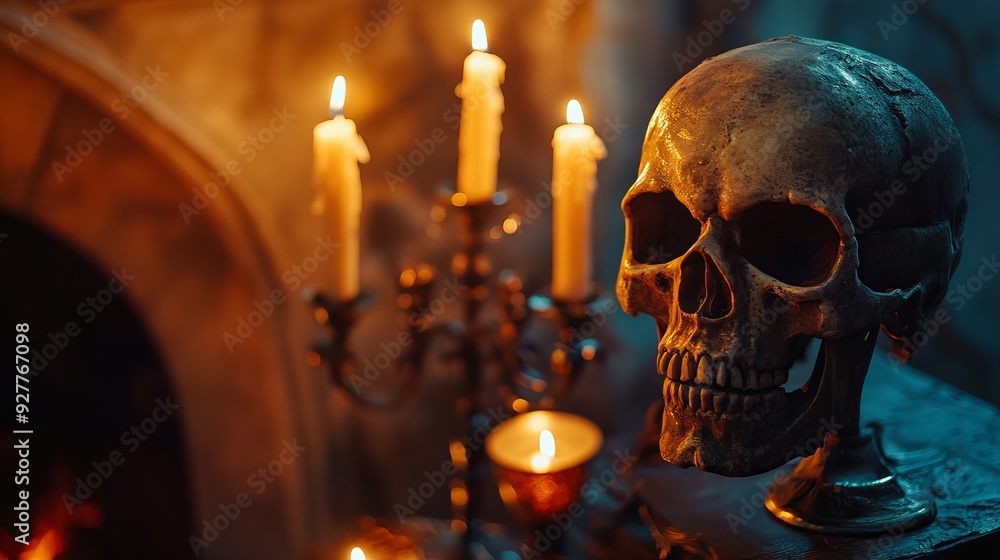 Mystical Halloween stilllife background featuring a skull a candlestick with candles and an old fireplace evoking horror and witchery Mystical Halloween stilllife background featuring a skull a candlestick with candles and an old fireplace evoking horror and witchery