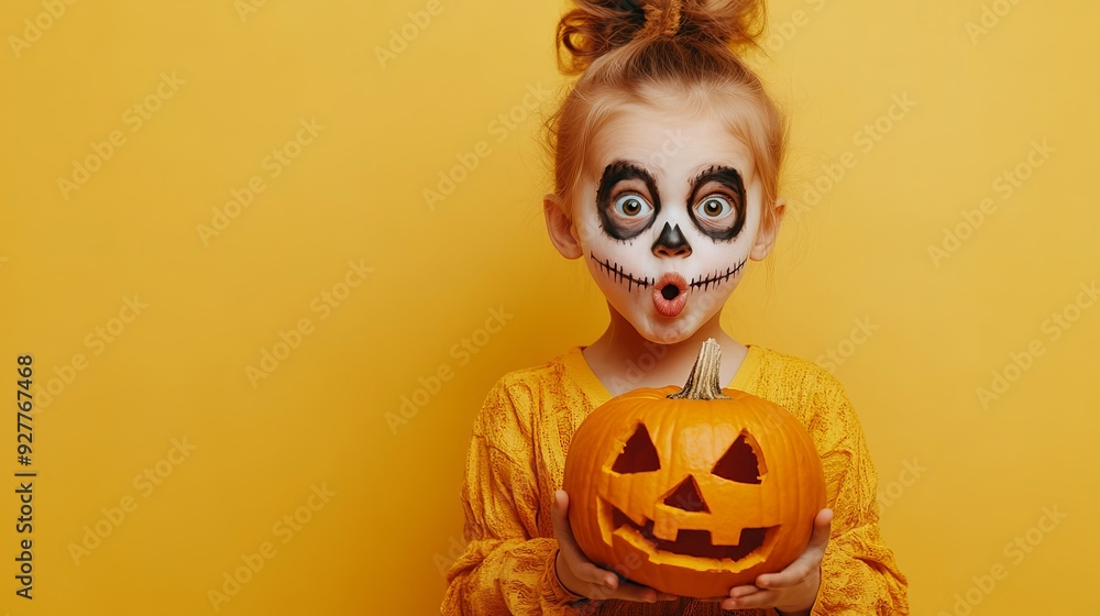 Portrait of a child in a creative Halloween costume A girl with skull makeup stands isolated against a yellow background holding a Jackolantern pumpkin and looking at the camera with a