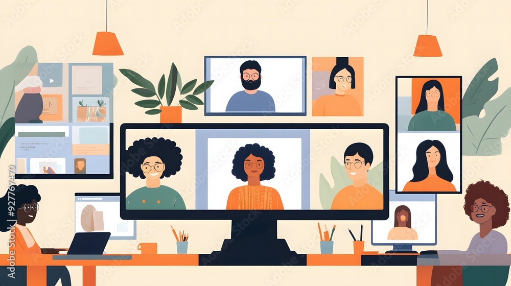 Video call with a diverse team joining from different places, each on their own screen in a virtual meeting setup Video call with a diverse team joining from different places, each on their own screen in a virtual meeting setup