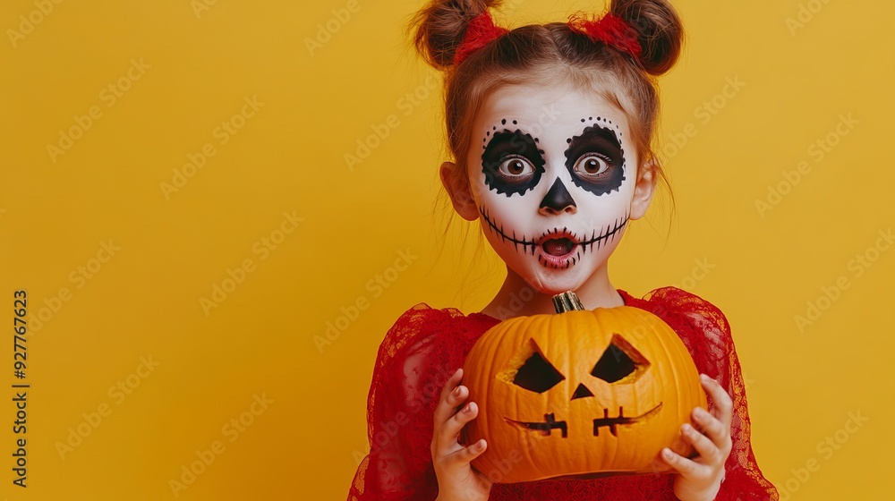 Portrait of a child in a creative Halloween costume A girl with skull makeup stands isolated against a yellow background holding a Jackolantern pumpkin and looking at the camera with a Portrait of a child in a creative Halloween costume A girl with skull makeup stands isolated against a yellow background holding a Jackolantern pumpkin and looking at the camera with a