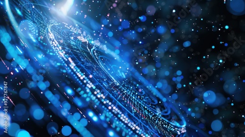 A stunning 3D illustration of big data technology featuring a HUD interface with shimmering blue and silver data streams. The abstract composition glows with edge lighting, creating a sacred film