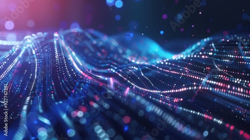 A stunning 3D illustration of big data technology featuring a HUD interface with shimmering blue and silver data streams. The abstract composition glows with edge lighting, creating a sacred film