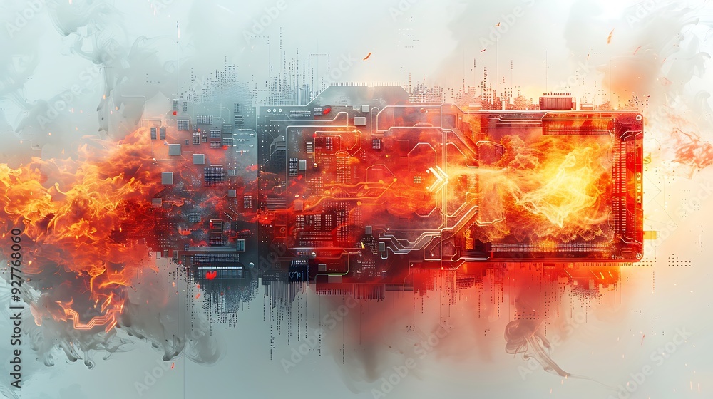 Integration Hd Futuristic CPU with fire circuits, water cooling, wind currents, and ...