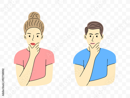Man and woman thinking, what choice to make, graphic design. Man and woman, thinks holding his chin, vector design and illustration