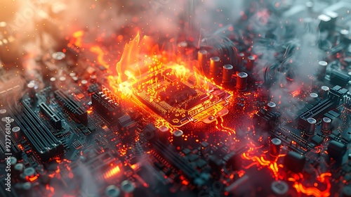 Futuristic CPU with fire circuits, water cooling, wind currents, and earthy foundations, double exposure effect, white background, vibrant elemental forces, detailed integration, hd quality. photo