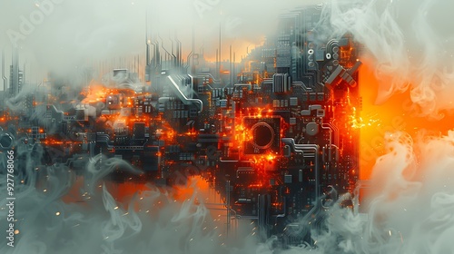 Futuristic CPU with fire circuits, water cooling, wind currents, and earthy foundations, double exposure effect, white background, vibrant elemental forces, detailed integration, hd quality. photo