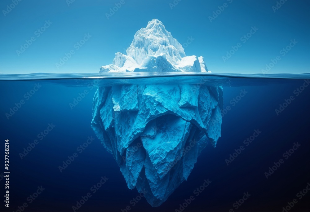 Fototapeta premium realistic image of the underwater and surface parts of an iceberg against a clear blue sky