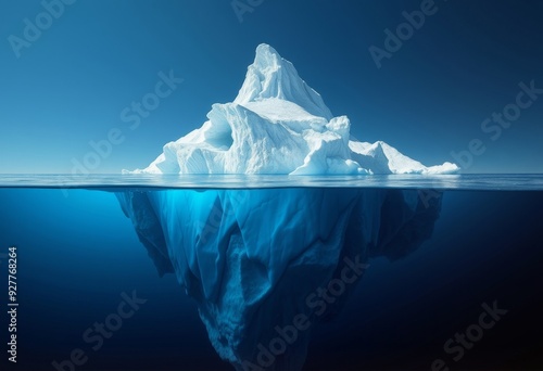 realistic image of the underwater and surface parts of an iceberg against a clear blue sky