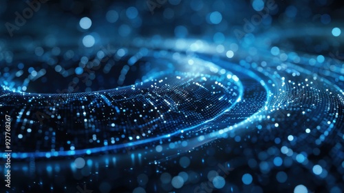 A 3D illustration of a big data landscape, showcasing a complex HUD interface surrounded by floating data points in a soft focus, bokeh-enhanced environment. The design features shimmering blue and