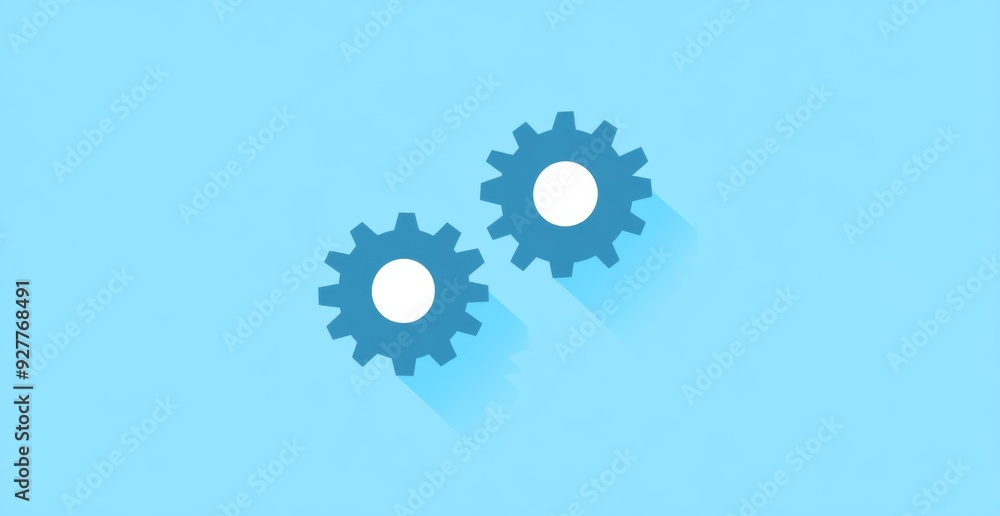 Two Stylized Light Blue Gears with Floating White Dot on Solid Baby Blue Background
Two Stylized Light Blue Gears with Floating White Dot on Solid Baby Blue Background