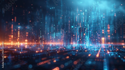 A 3D illustration of a big data landscape, showcasing a complex HUD interface surrounded by floating data points in a soft focus, bokeh-enhanced environment. The design features shimmering blue and