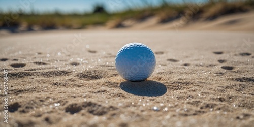 A golfers ball sits on the edge of a pristine bunker the bright blue sky reflecting off its white sand surface. photo