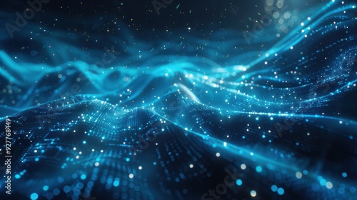 An abstract, futuristic depiction of big data technology in a 3D environment, featuring a HUD display with glowing blue and silver data streams. The illustration is illuminated with edge lighting,