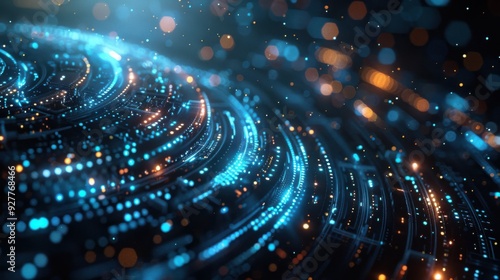 An abstract, futuristic depiction of big data technology in a 3D environment, featuring a HUD display with glowing blue and silver data streams. The illustration is illuminated with edge lighting,