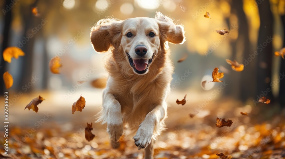 Golden Retriever Running Through Autumn Leaves Golden Retriever Running Through Autumn Leaves