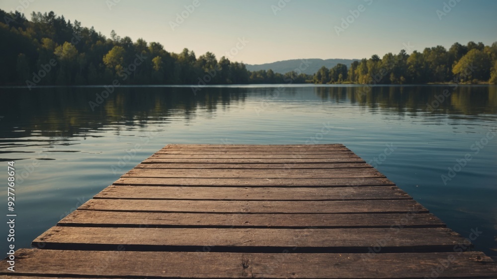 Obraz premium An aged wooden dock extending into a serene lake providing a picturesque copy space image.