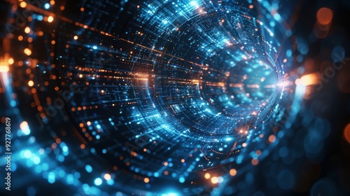 A breathtaking 3D illustration of a big data HUD interface, with abstract data points and connections rendered in shimmering blue and silver. The image is lit with edge lighting, creating a sacred