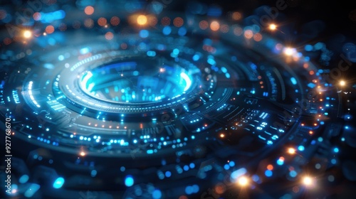 A high-quality 3D depiction of a futuristic big data network, featuring an intricate HUD interface with glowing blue and silver elements. The abstract composition is enhanced by edge lighting and