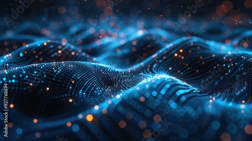 A breathtaking 3D illustration of a big data HUD interface, with abstract data points and connections rendered in shimmering blue and silver. The image is lit with edge lighting, creating a sacred