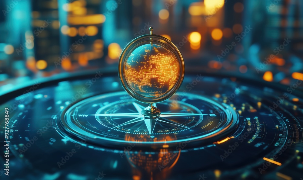 A globe is sitting on a round surface with a compass on top of it. The globe is surrounded by a cityscape with lights and buildings. Concept of exploration and adventure, as the globe A globe is sitting on a round surface with a compass on top of it. The globe is surrounded by a cityscape with lights and buildings. Concept of exploration and adventure, as the globe