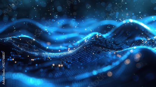 An 8K, high-brightness 3D illustration of a big data HUD display, with interconnected nodes and data streams glowing in blue and silver. The abstract, futuristic design is enhanced by edge lighting