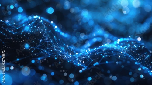 An 8K, high-brightness 3D illustration of a big data HUD display, with interconnected nodes and data streams glowing in blue and silver. The abstract, futuristic design is enhanced by edge lighting