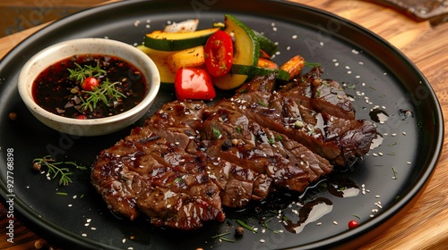 Flank steaks served with a spicy sauce