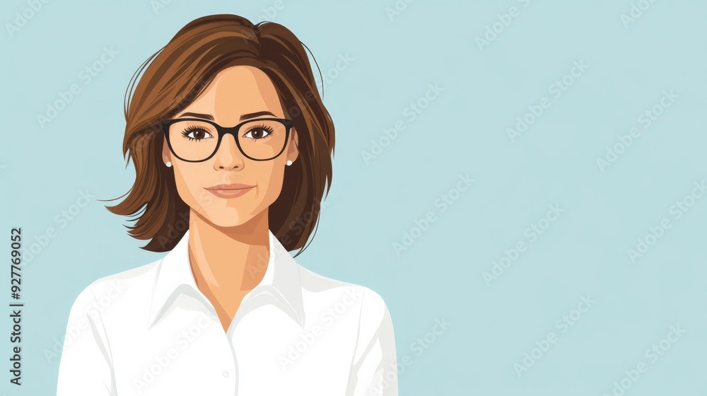 an Adult Female Teacher with Brown Hair and Glasses, Wearing a White Button-Down Shirt, with Large Empty Copy Space an Adult Female Teacher with Brown Hair and Glasses, Wearing a White Button-Down Shirt, with Large Empty Copy Space