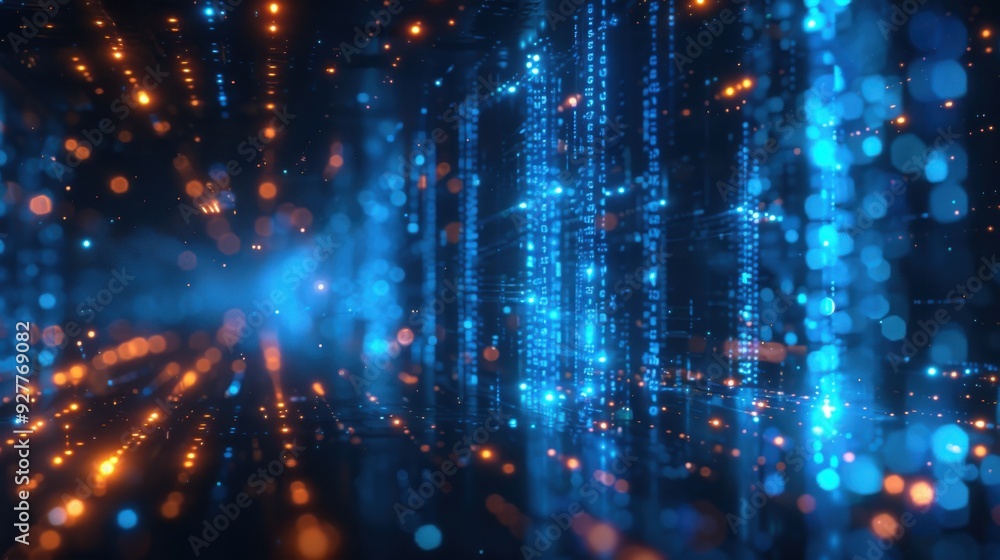 Fototapeta premium A futuristic 3D rendering of big data, showcasing a glowing HUD interface with abstract data streams in blue and silver. The illustration is enhanced by edge lighting and sacred film effects,