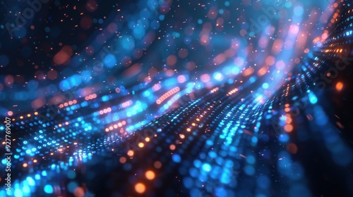 A futuristic 3D rendering of big data, showcasing a glowing HUD interface with abstract data streams in blue and silver. The illustration is enhanced by edge lighting and sacred film effects,