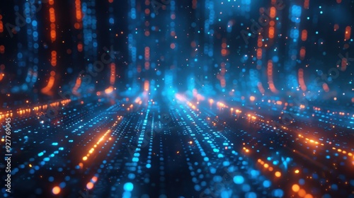 A futuristic 3D rendering of big data, showcasing a glowing HUD interface with abstract data streams in blue and silver. The illustration is enhanced by edge lighting and sacred film effects,