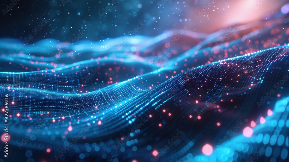 An 8K, high-quality 3D illustration of a big data landscape, featuring a HUD display with glowing blue and silver data points. The abstract, futuristic design is enhanced by edge lighting and a