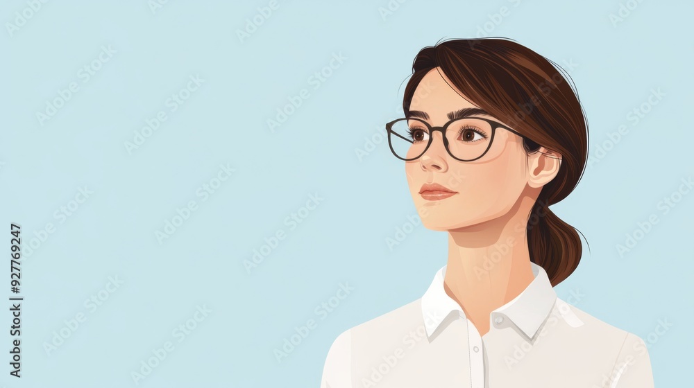 an Adult Female Teacher with Brown Hair and Glasses, Wearing a White Button-Down Shirt, with Large Empty Copy Space an Adult Female Teacher with Brown Hair and Glasses, Wearing a White Button-Down Shirt, with Large Empty Copy Space