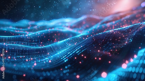 An 8K, high-quality 3D illustration of a big data landscape, featuring a HUD display with glowing blue and silver data points. The abstract, futuristic design is enhanced by edge lighting and a