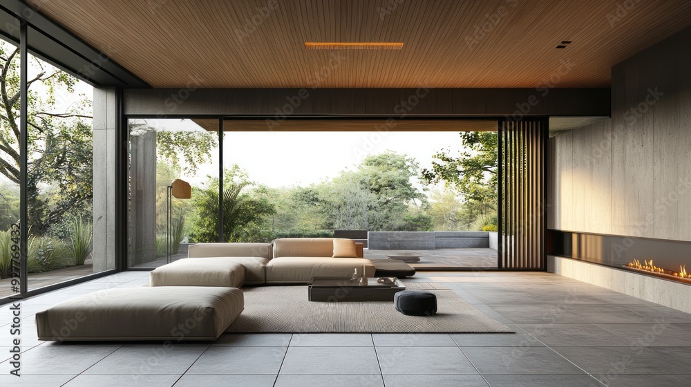 Modern Living Room with Minimalist Design and Garden View Modern Living Room with Minimalist Design and Garden View