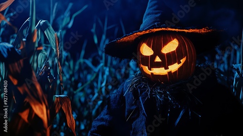 Scary scarecrow with a pumpkin head wearing a hat and coat standing in a night cornfield Spooky Halloween holiday concept and background photo