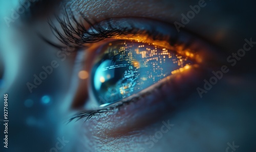 A woman's eye is reflected in a blue screen with a bright orange glow. The eye is surrounded by a blurry, pixelated image that appears to be a computer screen. Concept of technology and artificiality