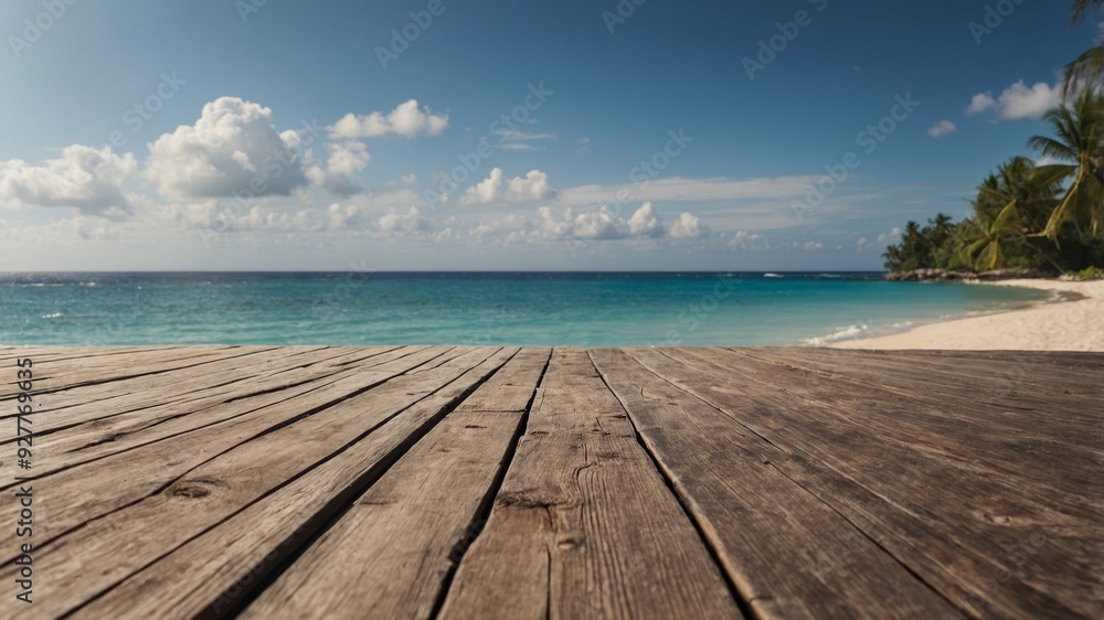 Obraz premium A serene tropical beach scene with a wooden deck overlooking the ocean perfect for a copy space image.